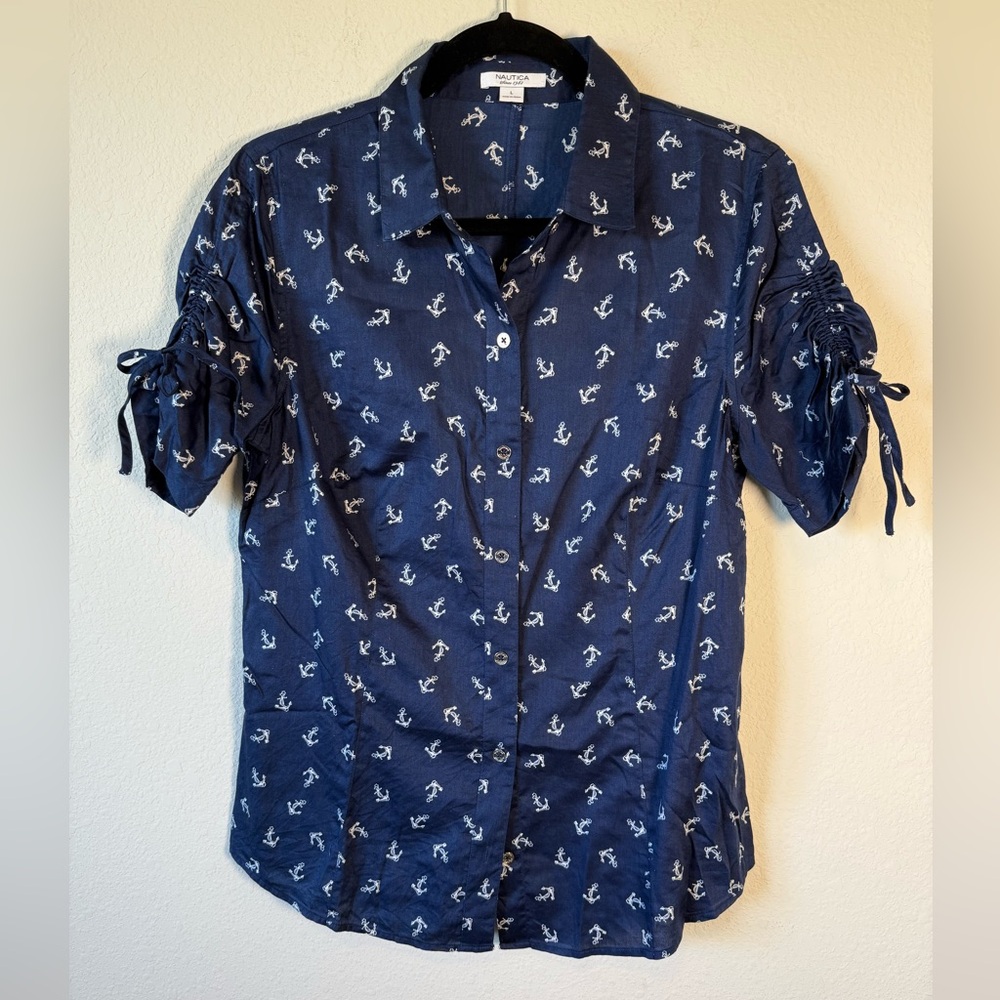 Nautica Anchor Print Blouse Large Navy White Nautical Button Front Tie Sleeve